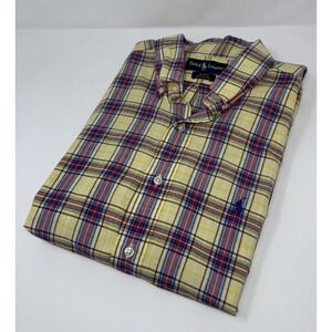 Ralph Lauren Shirt Mens L Blake Plaid Yellow Red Blue Button Down Short Sleeve